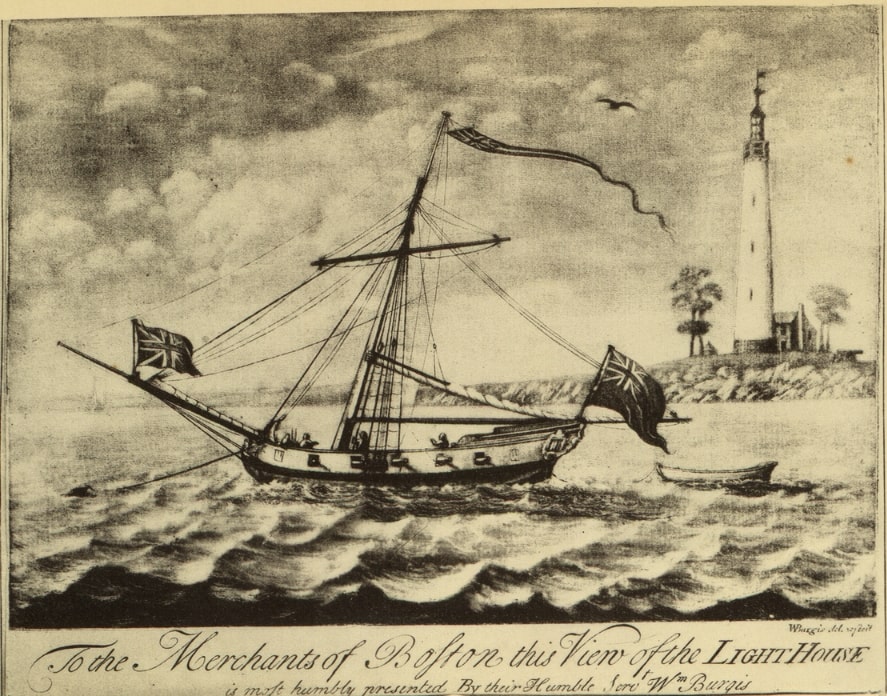 Illustration: the Boston Light, by William Burgis, 1729. Credit: Library of Congress, Prints and Photographs Division; from the “Annual Report of the U.S. Light-House Board,” 1884, frontispiece.