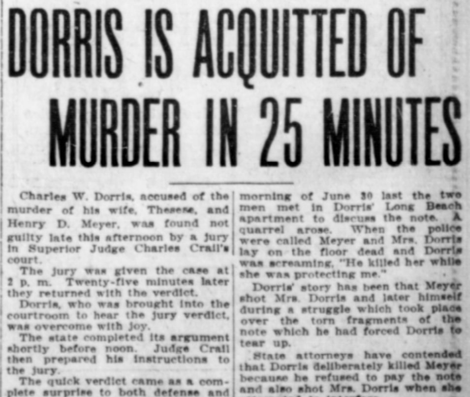 An article about the Dorris shooting, Los Angeles Evening Express newspaper 13 August 1924