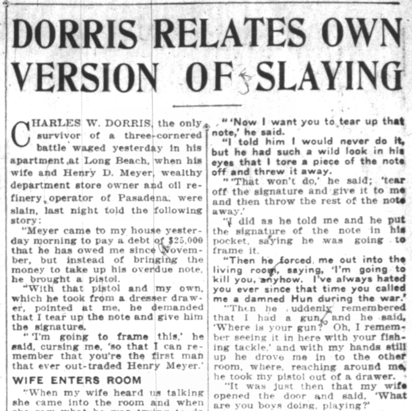 An article about the Dorris shooting, Los Angeles Examiner newspaper 1 July 1924