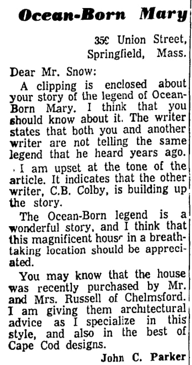 An article about the Ocean-Born Mary House, Patriot Ledger newspaper 6 August 1962