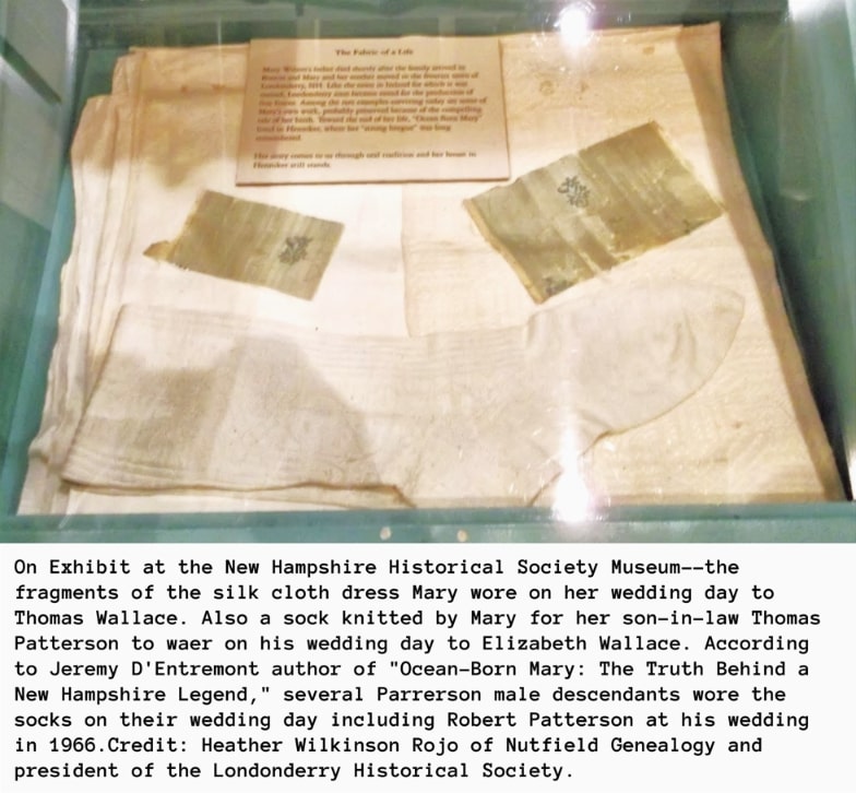 Photo: fragments of the silk cloth dress Ocean-Born Mary wore on her wedding day to Thomas Wallace. Credit: Heather Wilkinson Rojo; Nutfield Genealogy; New Hampshire Historical Society Museum.