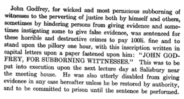 Photo: court record for John Godfrey, April 1669. Credit: Records and Files of the Quarterly Courts of Essex County, Volume IV.