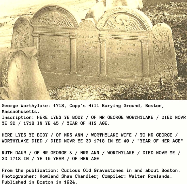 Photo: family gravestone for George, Ann, and Ruth Worthylake, Copp’s Hill Burying Ground, Boston, Massachusetts. Credit: Howland Shaw Chandler.