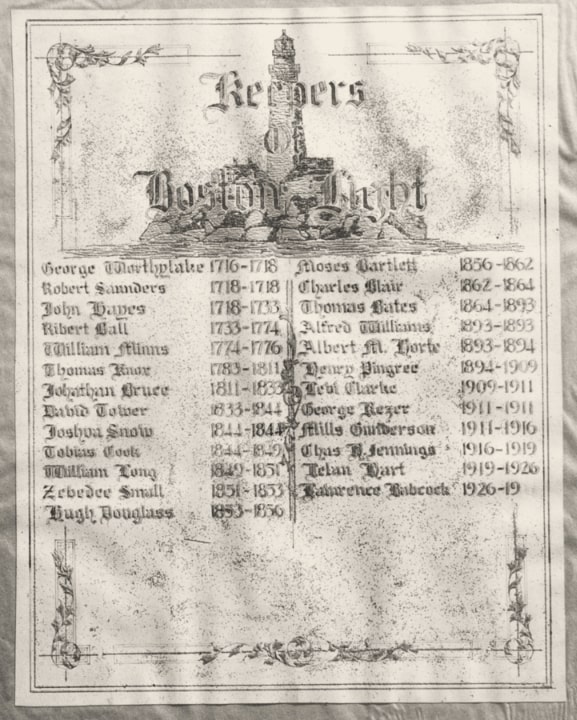 Photo: the silver tablet made by Getrude Edwards listing 25 Boston Light keepers. It was placed inside the lighthouse tower. Credit: United State Lighthouse Society Collection.