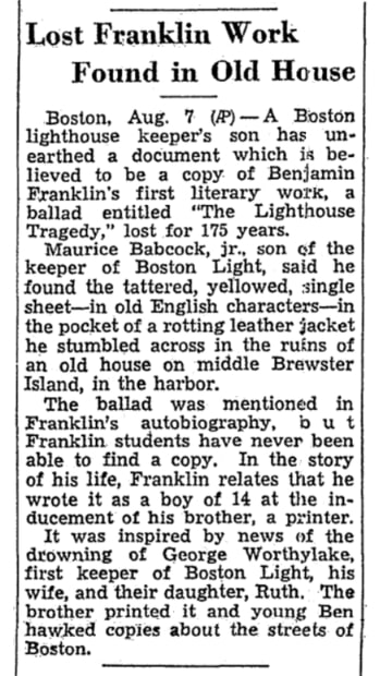 An article about the Boston Light tragedy, Reading Eagle newspaper 7 August 1940