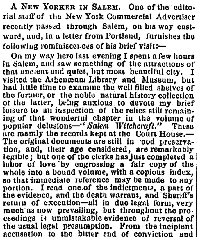 An article about the Salem witch trials, Salem Register newspaper 18 June 1860