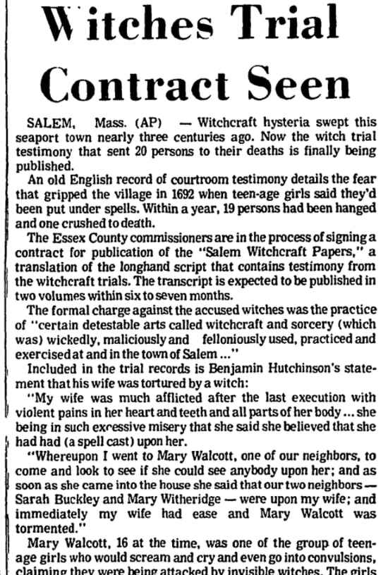 An article about the Salem witch trials, newspaper 13 July 1973