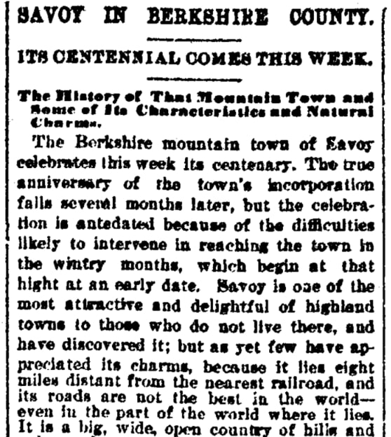 An article about Savoy, Massachusetts, Springfield Republican newspaper 28 August 1896