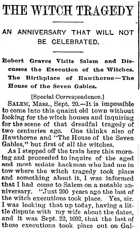 An article about the Salem witch trials, Trenton Evening Times newspaper 21 September 1892