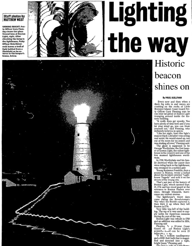 An article about Boston Light, Boston Herald newspaper 1 December 1999