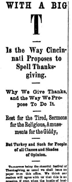 An article about Thanksgiving, Cincinnati Daily Star newspaper 26 November 1879