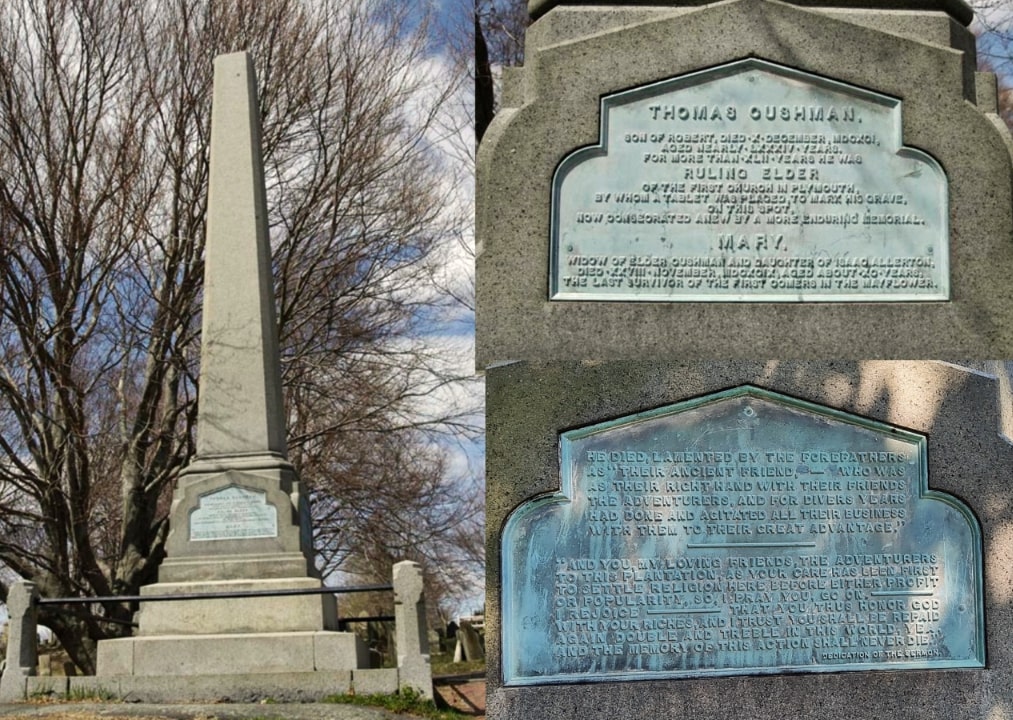 Photo: grave memorial for Thomas and Mary (Allerton) Cushman, Thomas Burial Hill, Plymouth, Plymouth County, Massachusetts. Credit: Historical Marker Database.