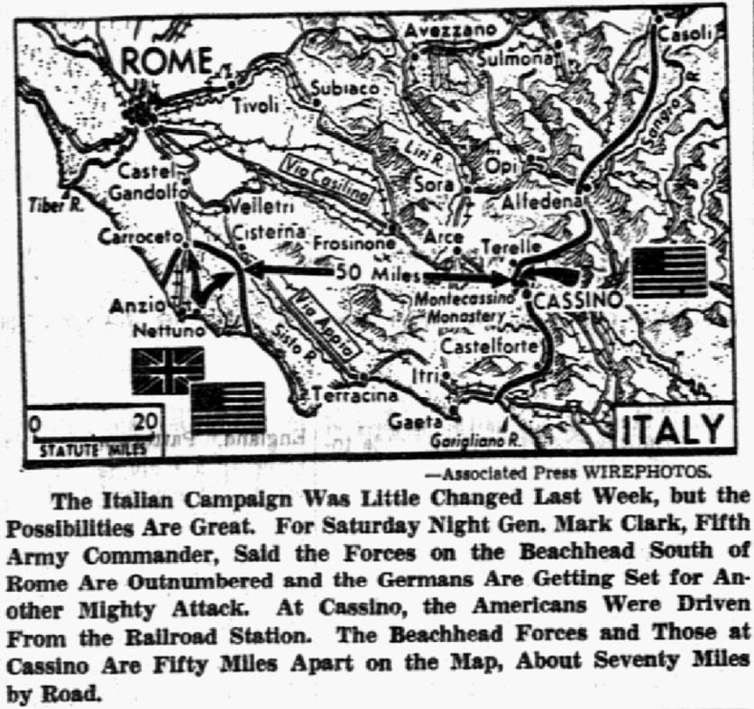 A battle map of Italy, Dallas Morning News newspaper 20 February 1944