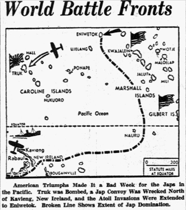 A battle map of the Pacific, Dallas Morning News newspaper 20 February 1944