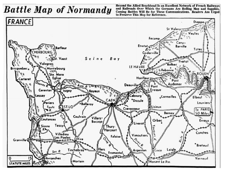 A battle map of Normandy, Dallas Morning News newspaper 11 June 1944