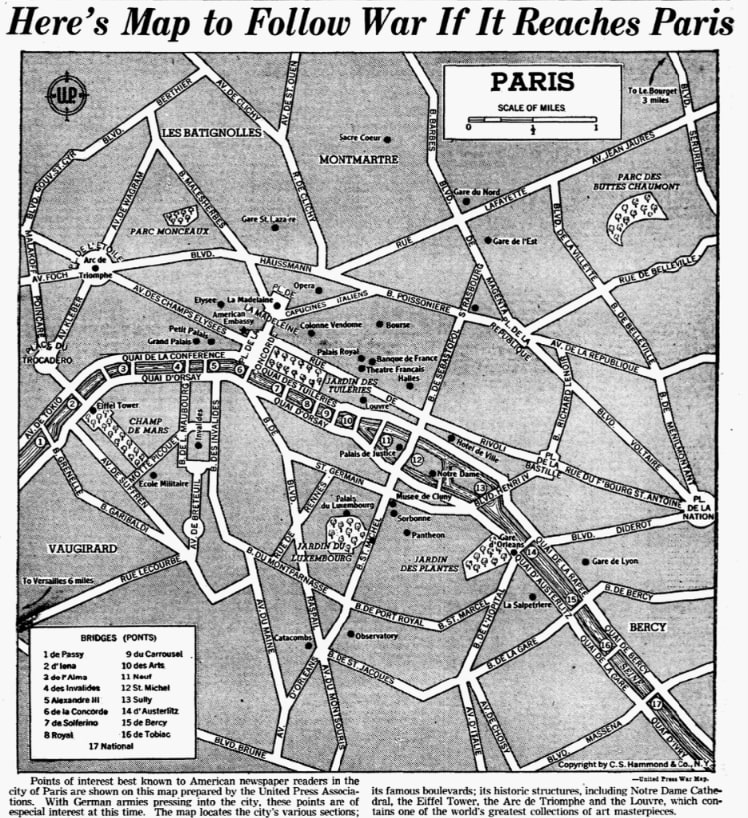 A map of Paris, Dallas Morning News newspaper 12 June 1940