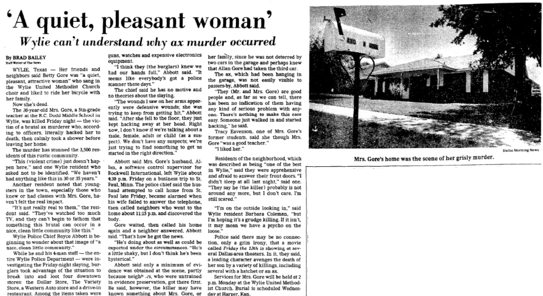 An article about the killing of Betty Gore, Dallas Morning News newspaper 15 June 1980