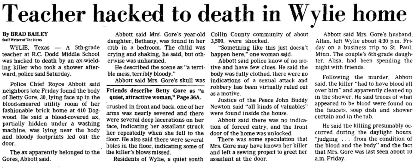 An article about the killing of Betty Gore, Dallas Morning News newspaper 15 June 1980