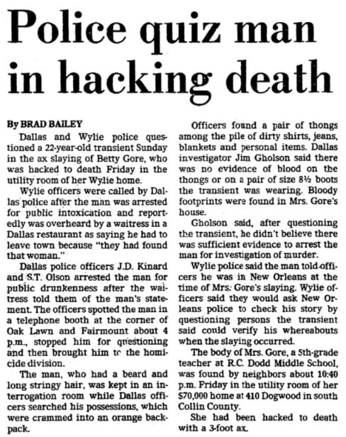 An article about the killing of Betty Gore, Dallas Morning News newspaper 16 June 1980