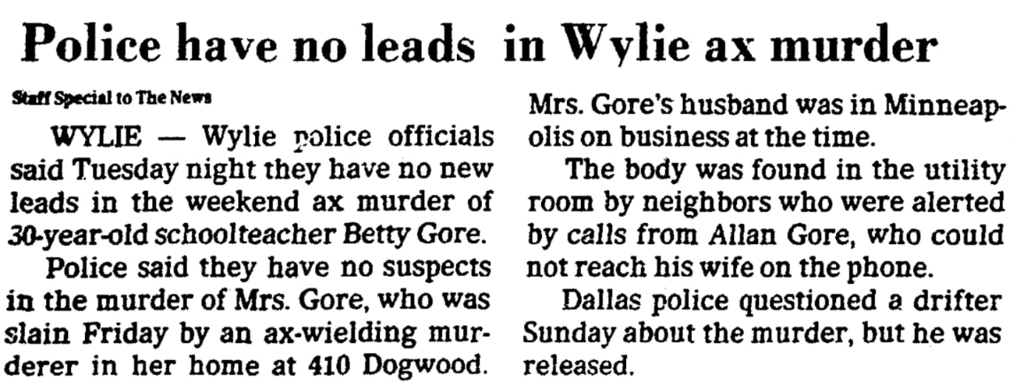 An article about the killing of Betty Gore, Dallas Morning News 18 June 1980