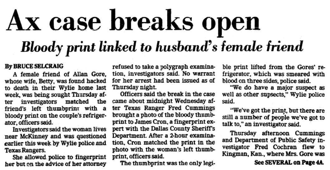 An article about the killing of Betty Gore, Dallas Morning News newspaper 20 June 1980