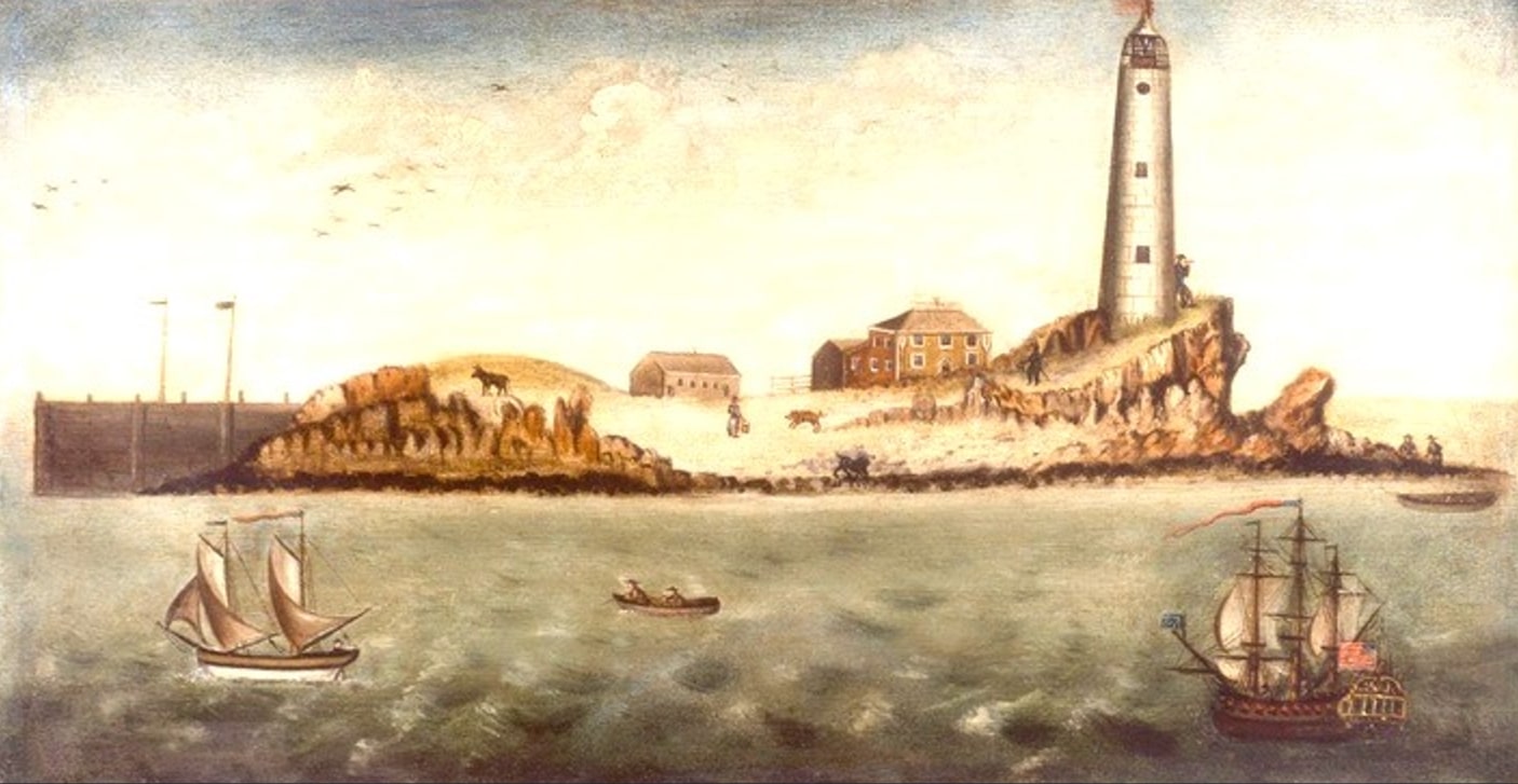 Illustration: Boston Light c. early 1780s. Artist: Capt. Matthew Parke. Depicts the original tower before its 1776 destruction. Credit: Jeremy D'Entremont; United State Lighthouse Society Collection.