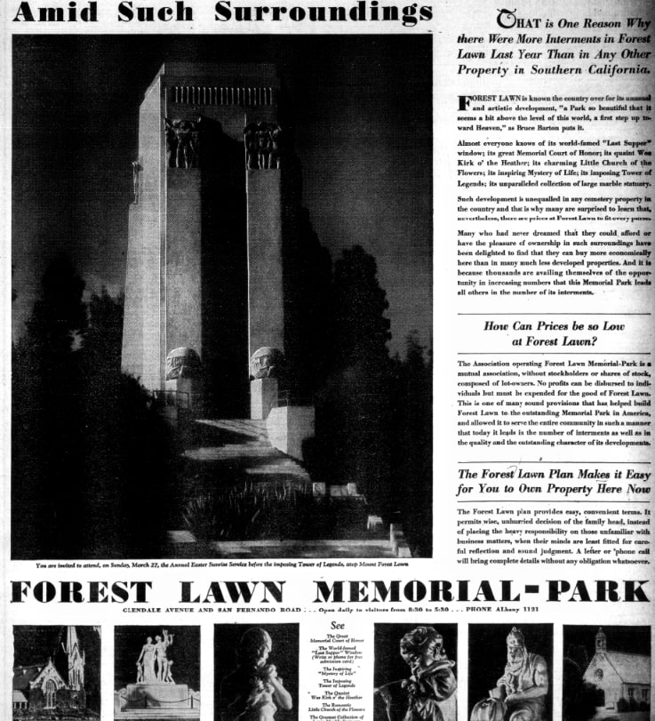 An article about Forest Lawn Memorial Park, Glendale, California, Los Angeles Herald Examiner newspaper 29 February 1932