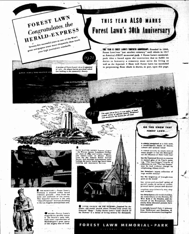 An article about Forest Lawn Memorial Park, Glendale, California, Los Angeles Herald Examiner newspaper 15 March 1947