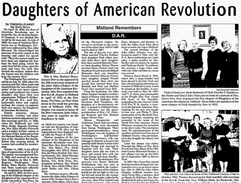 An article about the Daughters of the American Revolution (DAR), Midland Daily News newspaper 7 April 1999