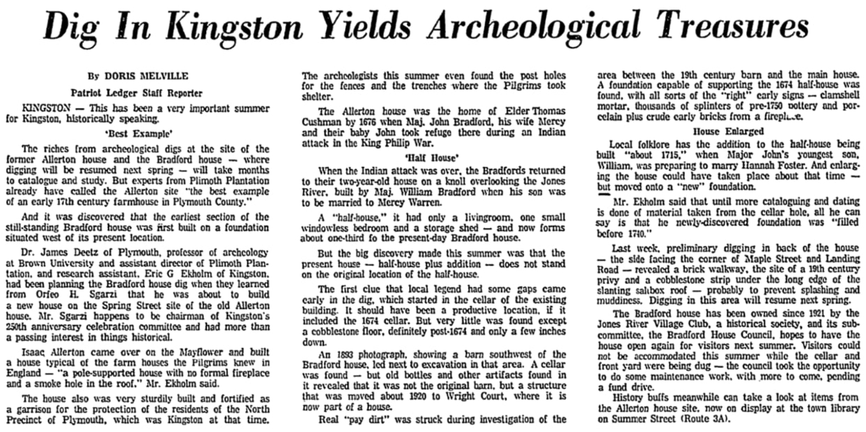 An article about Pilgrim houses in Kingston, Massachusetts, Patriot Ledger newspaper 13 September 1972