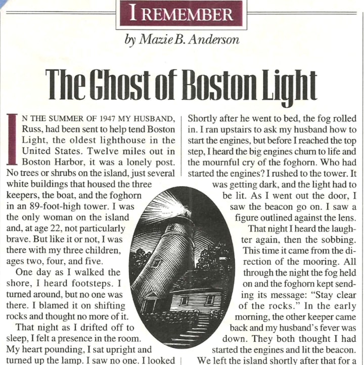 Photo: Anderson, Mazie B., “The Ghost of Boston Light,” Yankee Magazine, October 1998. Credit: United State Lighthouse Society Collection.