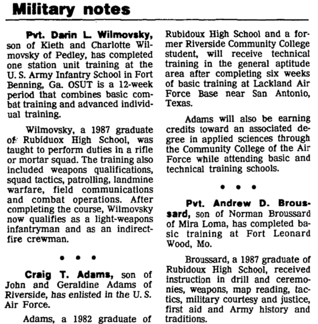 An article about military notes, Press-Enterprise newspaper 20 April 1988