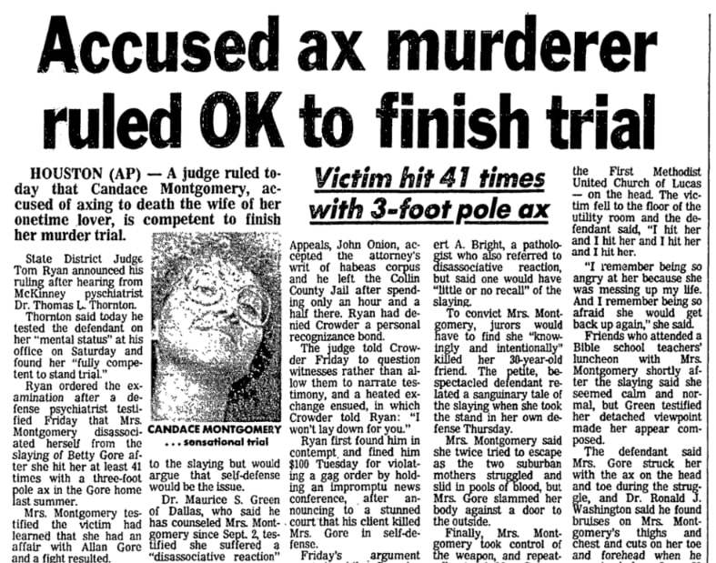 An article about the Candace Montgomery trial, San Antonio News newspaper 27 October 1980