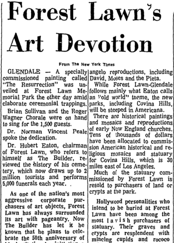 An article about Forest Lawn Memorial Park, Glendale, California, San Jose Mercury News newspaper 31 August 1965