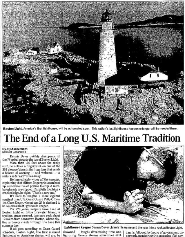 An article about Boston Light, Watertown Daily Times newspaper 30 September 1989