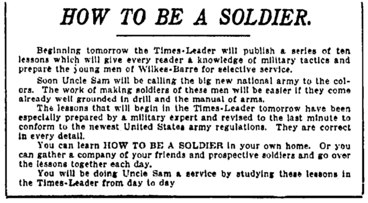 An article about being a soldier, Wilkes-Barre Times Leader newspaper 28 June 1917