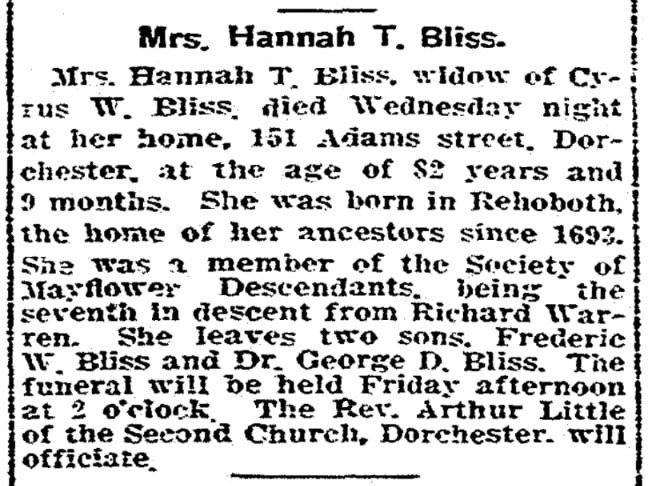 An article about Hannah Bliss, Boston Herald newspaper 11 November 1910