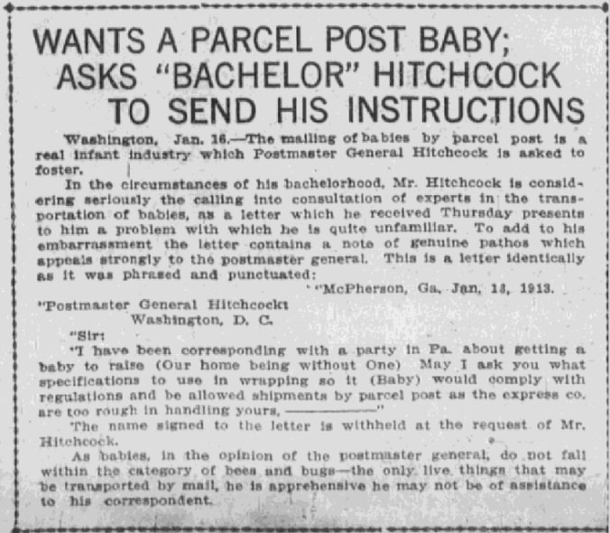 An article about mailing babies through the U.S. Parcel Post, Daily Oklahoman newspaper 17 January 1913