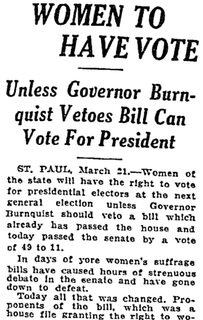 An article about women suffrage, Duluth News Tribune newspaper 22 March 1919