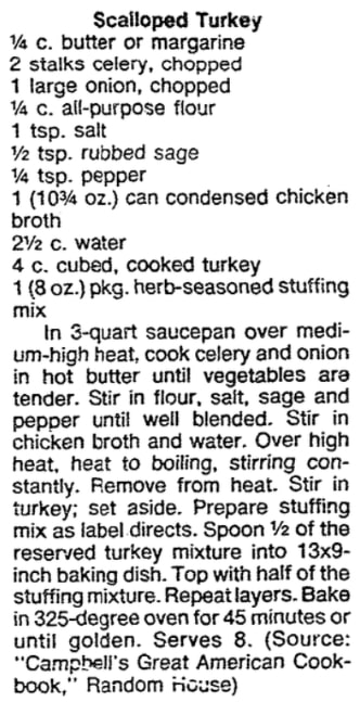 An article with a recipe for scalloped turkey, Evansville Courier and Press newspaper 25 November 1987