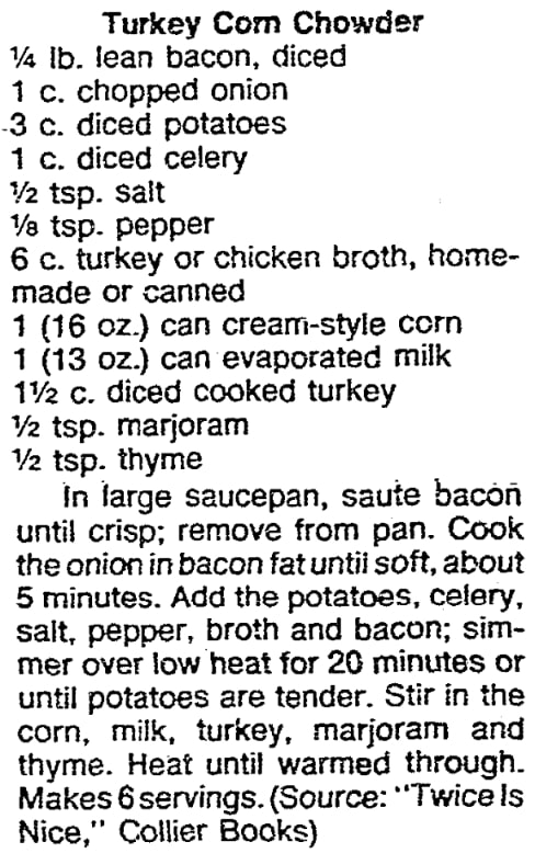 An article with a recipe for turkey corn chowder, Evansville Courier and Press newspaper 25 November 1987