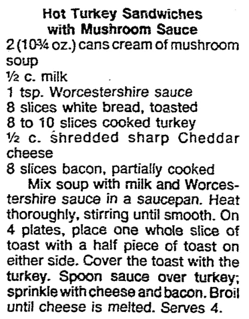 An article with a recipe for hot turkey sandwiches with mushroom sauce, Evansville Courier and Press newspaper 25 November 1987