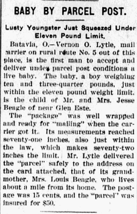 An article about mailing babies through the U.S. Parcel Post, Evening News newspaper 11 February 1913