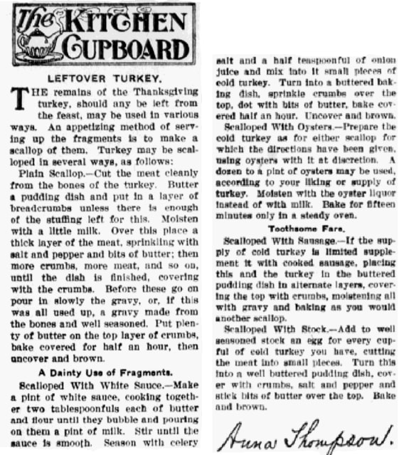 An article with a recipe for scalloped turkey, Evening News newspaper 19 November 1912