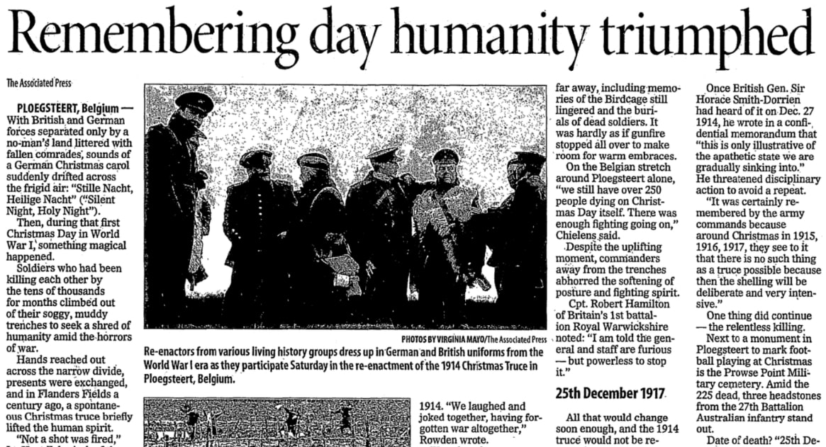 An article about the 1914 Christmas Truce, Greensboro News & Record newspaper 21 December 2014