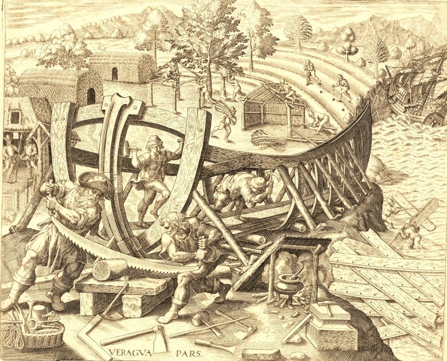 Illustration: a 1559 depiction of Columbus’s sailors building the fort of La Navidad, using the remains of the Santa Maria. Credit: Wikimedia Commons.