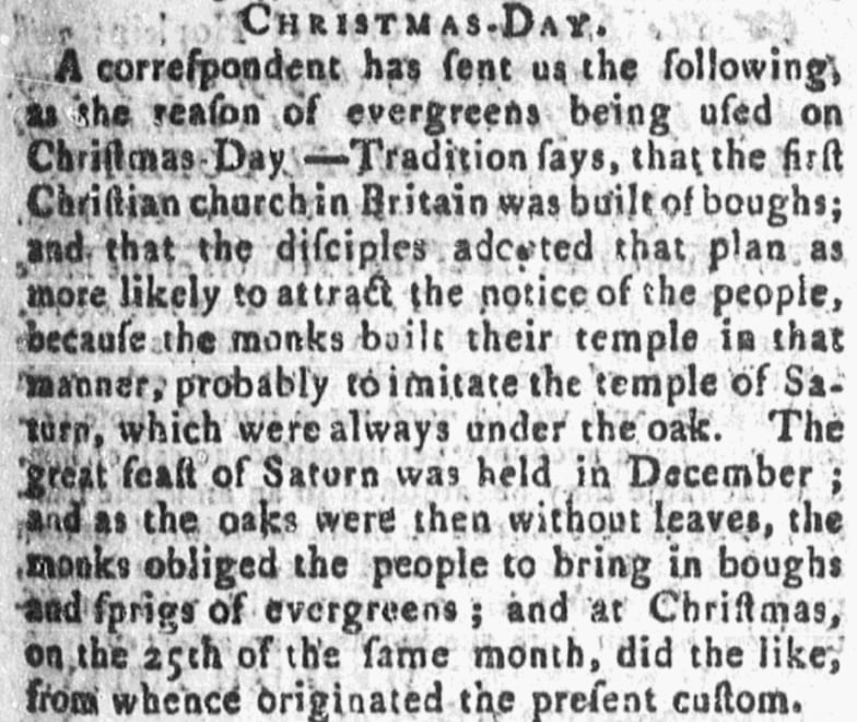 An article about Christmas evergreens, New-Hampshire Spy newspaper 2 July 1791