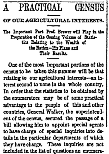 An article about the agricultural census, New Haven Register newspaper 26 April 1880