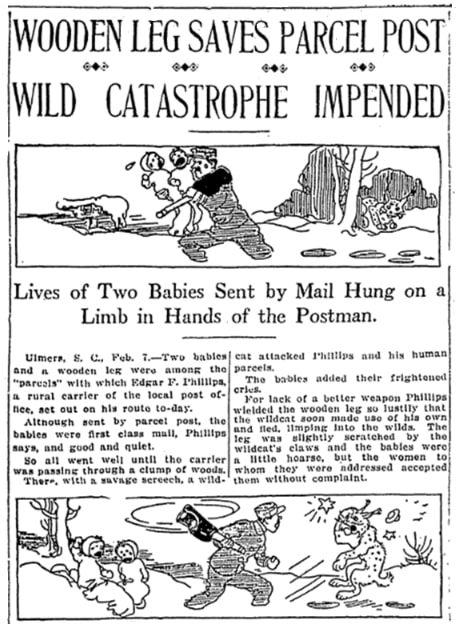 An article about mailing babies through the U.S. Parcel Post, New York American newspaper 8 February 1913