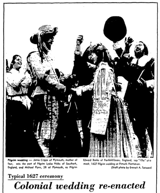 An article about a Pilgrim wedding, Patriot Ledger newspaper 22 August 1980